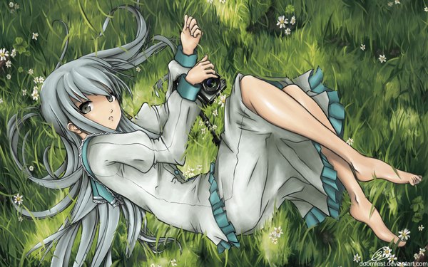 Anime picture 1920x1200 with original highres wide image watermark girl plant (plants) grass camera