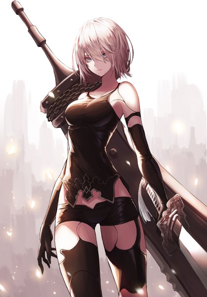 Anime-Bild 3500x5000 mit nier nier:automata yorha type a no. 2 peulopi single tall image looking at viewer fringe highres short hair breasts blue eyes hair between eyes standing bare shoulders holding absurdres white hair mole zettai ryouiki