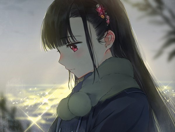 Anime picture 1300x987 with original macciatto (aciel02) single long hair fringe black hair red eyes sky upper body blunt bangs profile sparkle looking down girl hairclip scarf