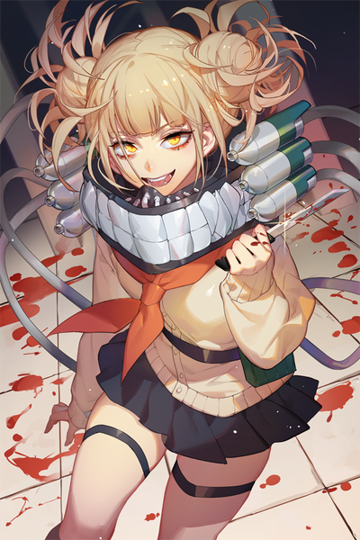 Anime picture 550x825 with boku no hero academia studio bones toga himiko songjikyo single tall image looking at viewer fringe short hair open mouth blonde hair smile standing holding yellow eyes indoors blunt bangs pleated skirt hair bun (hair buns) messy hair