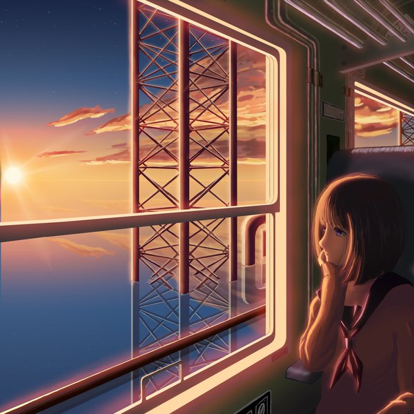Anime picture 2000x2000 with original natsu (hottopeppa3390) single highres short hair brown hair purple eyes looking away sky cloud (clouds) sunlight horizon chin rest morning sunrise train interior girl sailor suit sun train