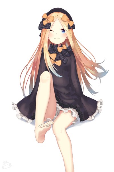 Anime picture 2600x3900 with fate (series) fate/grand order abigail williams (fate) lunati single long hair tall image looking at viewer blush highres blue eyes simple background blonde hair smile white background sitting payot bent knee (knees) one eye closed barefoot
