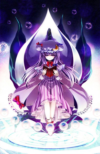 Anime picture 750x1150 with touhou patchouli knowledge awa toka single long hair tall image purple eyes purple hair magic girl flower (flowers) bow book (books) bonnet magic circle