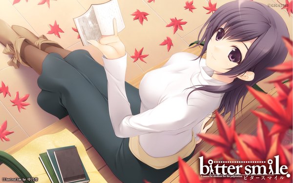 Anime picture 1680x1050 with bitter smile. todoroki kaname looking at viewer short hair black hair wide image sitting purple eyes looking back inscription autumn girl book (books) leaf (leaves) bench