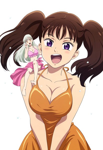 Anime-Bild 4094x5969 mit nanatsu no taizai a-1 pictures megami magazine elizabeth liones diane (nanatsu no taizai) long hair tall image looking at viewer blush fringe highres breasts open mouth light erotic simple background smile brown hair large breasts standing white background