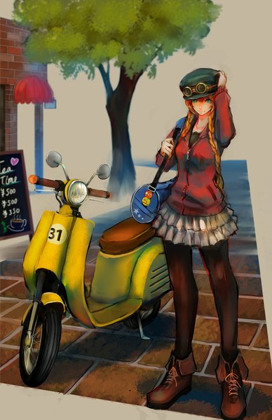 Anime picture 1076x1664 with original jittsu single long hair tall image looking at viewer brown hair standing green eyes braid (braids) pleated skirt twin braids girl skirt plant (plants) miniskirt pantyhose tree (trees) glasses boots