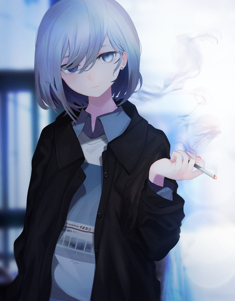 Anime picture 1095x1400 with original migihidari (puwako) single tall image looking at viewer blush fringe short hair blue eyes holding silver hair upper body long sleeves head tilt blurry hair over one eye open jacket depth of field smoke girl