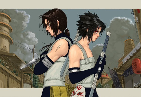 Anime picture 1000x686 with naruto studio pierrot naruto (series) uchiha sasuke uchiha itachi luke (artist) long hair short hair black hair red eyes brown hair standing bare shoulders holding signed sky cloud (clouds) ponytail profile multiple boys