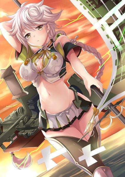 Anime picture 1000x1414 with kantai collection unryuu aircraft carrier harimoji single tall image looking at viewer blush fringe breasts light erotic hair between eyes large breasts holding yellow eyes cleavage silver hair cloud (clouds) outdoors braid (braids) very long hair