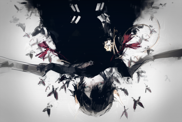 Anime picture 1600x1076 with original daken single fringe short hair black hair green eyes looking away expressionless upside down boy scarf insect butterfly