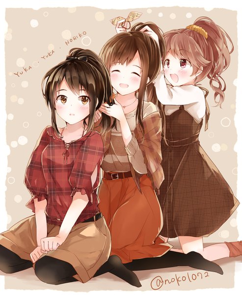 Anime picture 2362x2871 with idolmaster idolmaster cinderella girls mizumoto yukari nakano yuka shiina noriko noko (noko1886) long hair tall image blush highres open mouth simple background smile brown hair sitting multiple girls holding brown eyes signed looking away