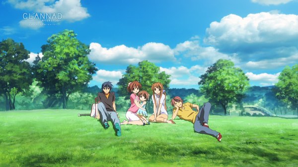 Anime picture 1920x1080 with clannad key (studio) furukawa nagisa okazaki ushio okazaki tomoya furukawa sanae long hair highres short hair black hair brown hair wide image sitting multiple girls brown eyes sky cloud (clouds) multiple boys girl dress