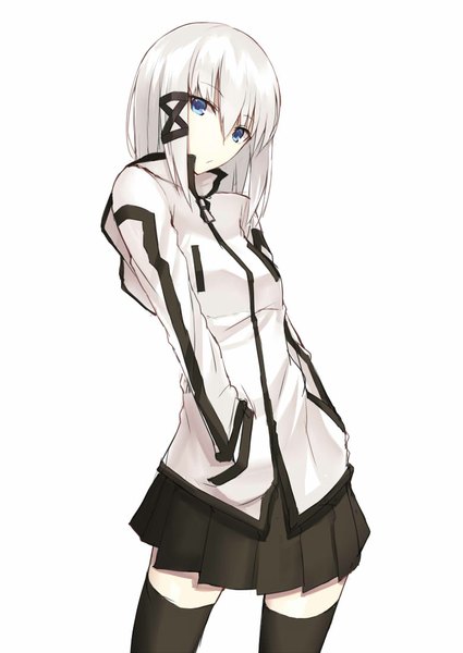 Anime picture 780x1101 with original zinnia silane kauto single tall image looking at viewer short hair blue eyes simple background standing white background white hair pleated skirt zettai ryouiki pale skin hands in pockets girl thighhighs skirt hair ornament