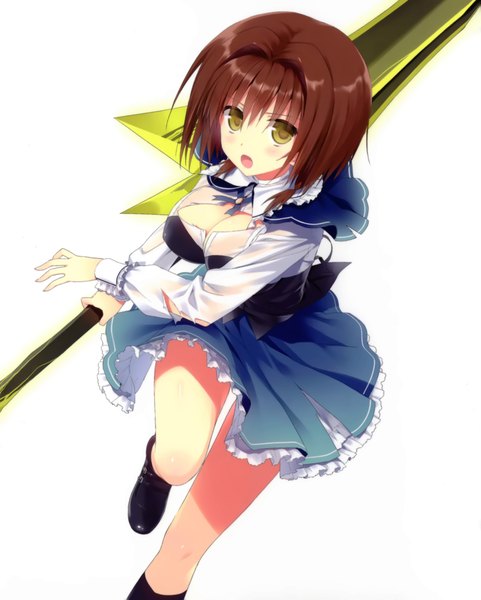 Anime picture 3217x4013 with absolute duo 8bit hotaka miyabi asaba yuu single tall image looking at viewer blush highres short hair open mouth simple background brown hair white background yellow eyes absurdres scan girl uniform weapon