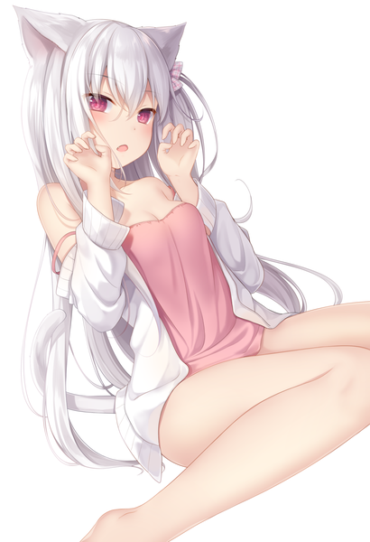 Anime picture 1200x1753 with original nachi single long hair tall image looking at viewer blush fringe breasts open mouth light erotic simple background hair between eyes white background sitting animal ears cleavage silver hair tail animal tail