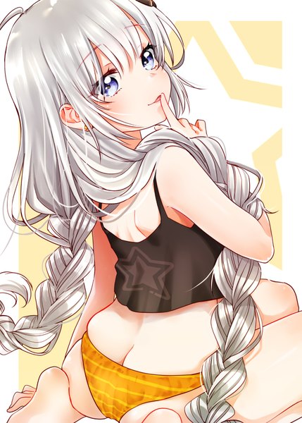Anime picture 1295x1812 with vocaloid voiceroid kizuna akari skskjogio2444 single long hair tall image looking at viewer blush fringe blue eyes light erotic simple background smile hair between eyes sitting silver hair ass braid (braids) parted lips