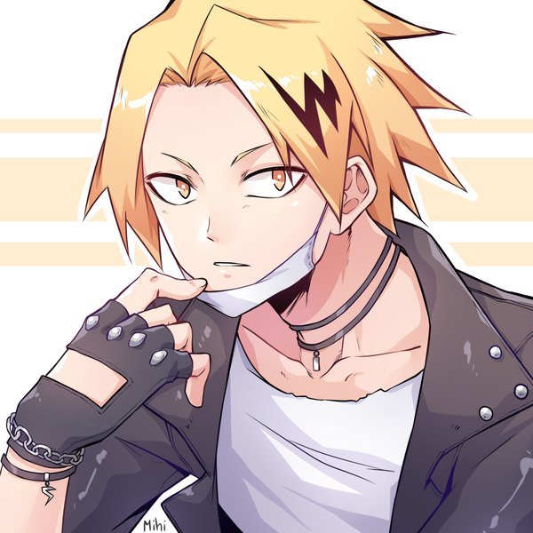 Anime picture 1536x1536 with boku no hero academia studio bones kaminari denki mihitsu single looking at viewer short hair simple background blonde hair signed upper body parted lips multicolored hair open jacket two-tone hair orange eyes streaked hair portrait outline mask pull