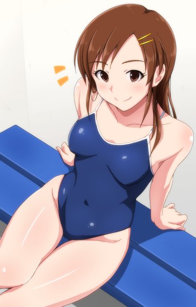 Anime picture 2564x4016 with idolmaster idolmaster (classic) futami mami tetuo kun single long hair tall image looking at viewer blush fringe highres breasts light erotic simple background smile brown hair sitting arm support from below shadow