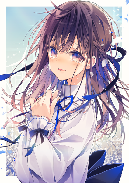 Anime picture 2894x4093 with original oshio (dayo) single long hair tall image looking at viewer blush fringe highres open mouth hair between eyes brown hair standing brown eyes sky cloud (clouds) upper body braid (braids) long sleeves :d