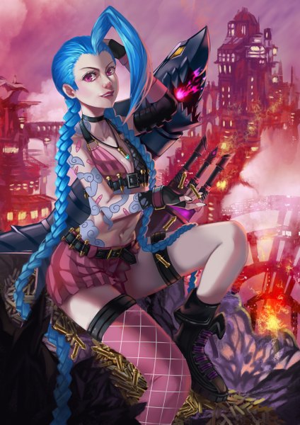 Anime picture 3508x4961 with league of legends jinx (league of legends) xuan chu single tall image looking at viewer highres twintails blue hair absurdres very long hair pink eyes tattoo girl thighhighs gloves navel weapon boots belt