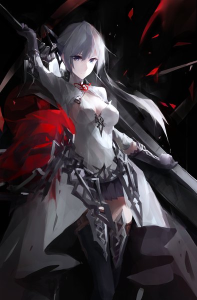 Anime picture 2307x3507 with sinoalice snow white (sinoalice) cell (acorecell) single long hair tall image looking at viewer fringe highres breasts blue eyes light erotic simple background hair between eyes standing holding cleavage silver hair long sleeves pleated skirt