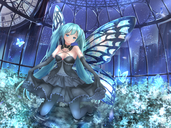 Anime picture 2000x1500 with vocaloid hatsune miku absent single long hair looking at viewer blush fringe highres breasts blue eyes standing twintails bare shoulders payot full body indoors aqua hair night tattoo