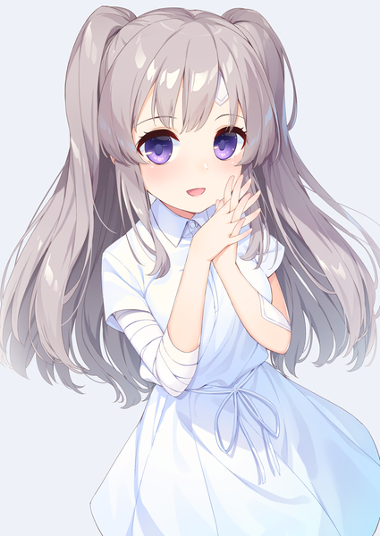 Anime picture 1254x1771 with idolmaster idolmaster shiny colors yuukoku kiriko tofu1601 single long hair tall image looking at viewer blush fringe open mouth simple background purple eyes :d grey hair grey background two side up hands clasped interlocked fingers girl