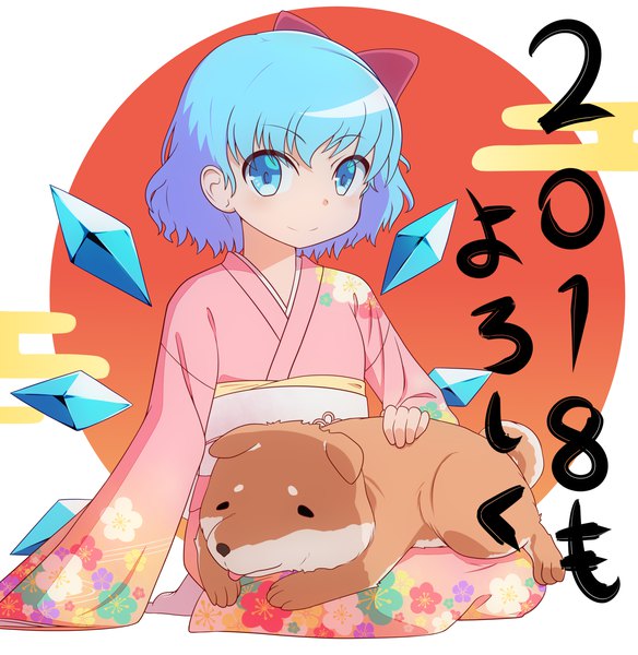 Anime picture 1800x1850 with touhou cirno shikabane homura single tall image looking at viewer highres short hair blue eyes simple background smile sitting blue hair long sleeves traditional clothes japanese clothes barefoot new year seiza happy new year