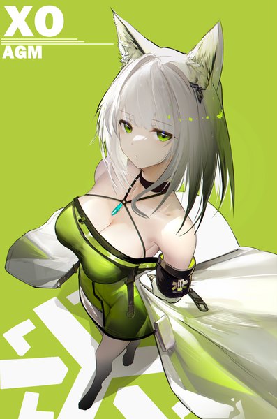 Anime picture 4300x6500 with arknights kal'tsit (arknights) omone hokoma agm single tall image looking at viewer fringe highres short hair breasts light erotic simple background large breasts green eyes signed animal ears absurdres silver hair full body blunt bangs