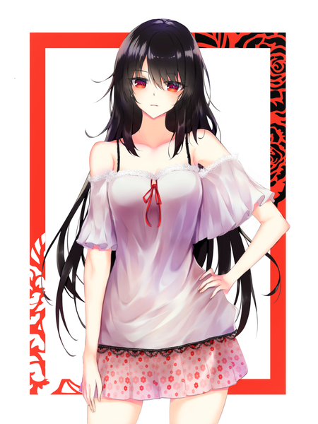 Anime picture 1200x1600 with original kavies single long hair tall image looking at viewer blush fringe breasts black hair simple background hair between eyes red eyes standing white background bare shoulders parted lips pleated skirt off shoulder short sleeves