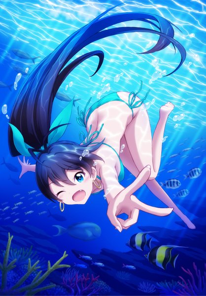 Anime picture 1322x1897 with idolmaster ganaha hibiki outsider 0 single long hair tall image blush open mouth blue eyes light erotic black hair ponytail one eye closed wink girl swimsuit bikini bubble (bubbles) fish (fishes)