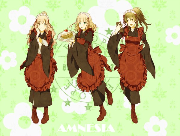 Anime picture 1296x980 with amnesia idea factory heroine (amnesia) sawa (amnesia) mine (amnesia) yz long hair open mouth blonde hair brown hair multiple girls green eyes ponytail traditional clothes wa maid girl headdress sweets maid headdress 3 girls