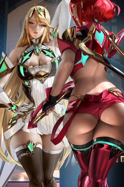 Anime picture 2339x3508 with xenoblade xenoblade 2 pyra (xenoblade) mythra (xenoblade) zumi (zumidraws) long hair tall image looking at viewer fringe highres short hair breasts light erotic blonde hair hair between eyes red eyes large breasts standing multiple girls holding