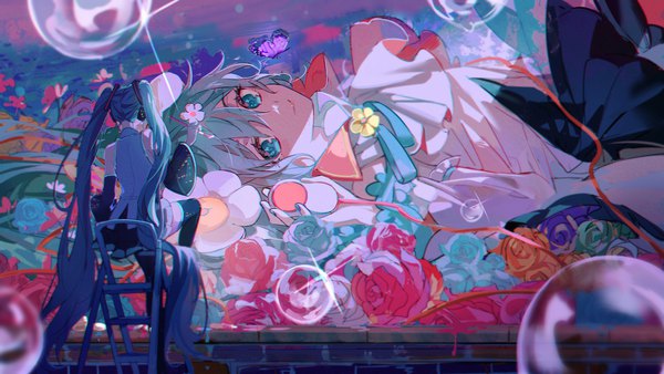 Anime picture 2000x1125 with vocaloid magical mirai (vocaloid) hatsune miku magical mirai miku magical mirai miku (2021) kanose single looking at viewer fringe highres smile hair between eyes wide image sitting twintails lying very long hair aqua eyes from behind aqua hair