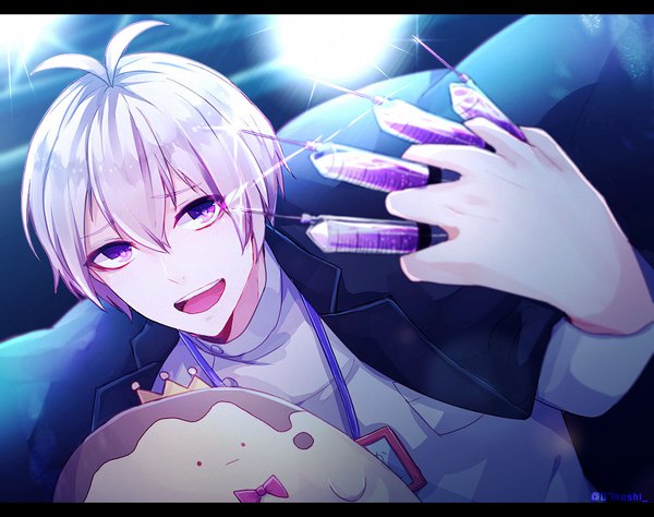 Anime picture 1000x790 with idolish 7 osaka sougo king's pudding nana colors single looking at viewer fringe short hair open mouth hair between eyes purple eyes silver hair ahoge letterboxed ainana police boy toy stuffed toy syringe