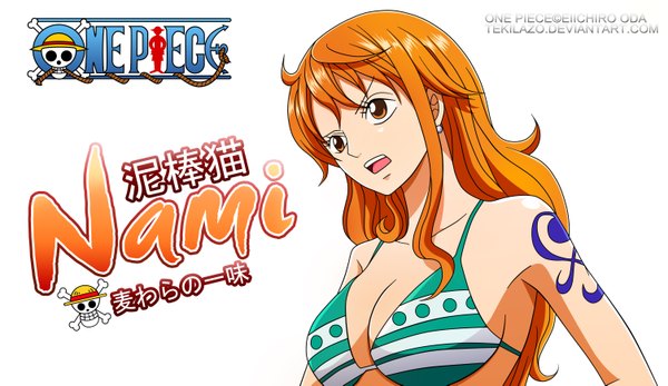 Anime picture 6019x3483 with one piece toei animation nami (one piece) tekilazo single long hair highres open mouth light erotic wide image white background absurdres orange hair inscription orange eyes tattoo coloring hieroglyph vector girl