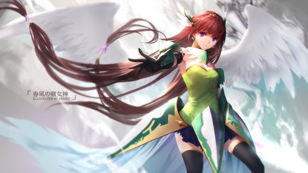 Anime picture 1890x1063 with venus blood tyrca (venus blood) swd3e2 single looking at viewer fringe highres wide image standing purple eyes twintails signed red hair very long hair wind inscription armpit (armpits) zettai ryouiki torn clothes low twintails