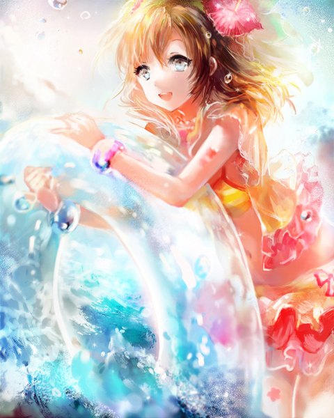 Anime picture 1000x1250 with love live! school idol project sunrise (studio) love live! kousaka honoka juexing (moemoe3345) single tall image short hair open mouth blue eyes brown hair hair flower girl hair ornament flower (flowers) swimsuit bikini bracelet bubble (bubbles)