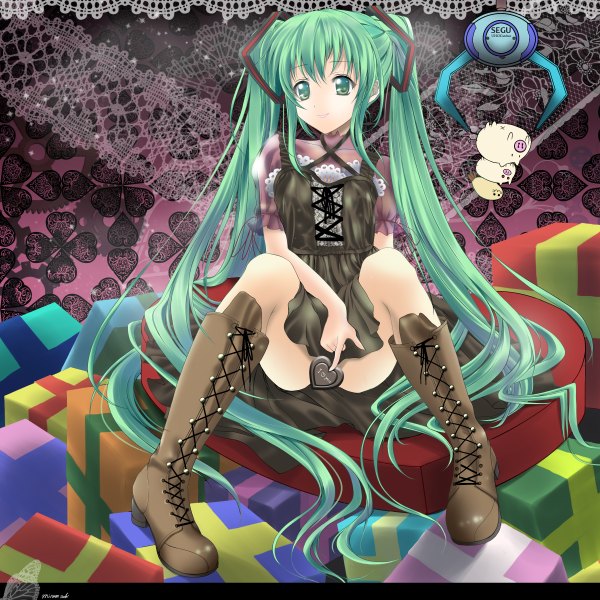Anime picture 2400x2400 with vocaloid hatsune miku minase saki (artist) single long hair highres smile sitting twintails green eyes green hair girl boots heart
