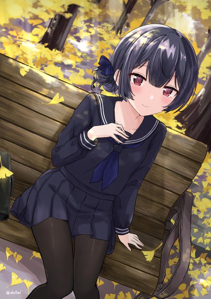 Anime picture 1000x1418 with idolmaster idolmaster shiny colors morino rinze eluthel single tall image blush fringe short hair black hair smile red eyes sitting signed outdoors pleated skirt dutch angle twitter username hand on chest autumn
