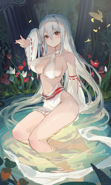 Anime picture 1800x3000 with arknights skadi (arknights) zombie ke single tall image blush fringe highres breasts light erotic hair between eyes red eyes large breasts sitting looking away cleavage silver hair full body bent knee (knees) outdoors
