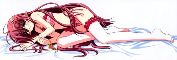 Anime picture 6309x2172 with shuffle! lisianthus nishimata aoi long hair looking at viewer blush highres light erotic wide image brown eyes absurdres red hair pointy ears scan legs underwear only on side dakimakura (medium) lowleg thighhighs