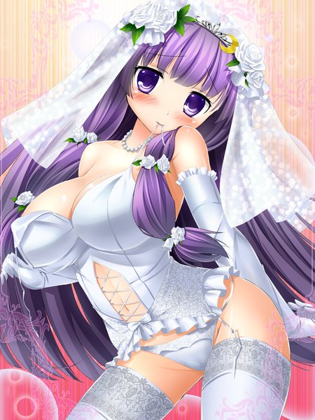 Anime picture 900x1200 with touhou patchouli knowledge bug (artist) single long hair tall image looking at viewer blush breasts light erotic large breasts purple eyes bare shoulders purple hair wedding girl thighhighs gloves underwear panties