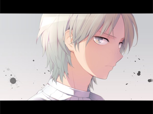 Anime picture 2000x1500 with magi the labyrinth of magic a-1 pictures ja'far (magi) ocha_(hutuumikan) single looking at viewer highres short hair grey hair grey background grey eyes portrait shaded face face freckles boy