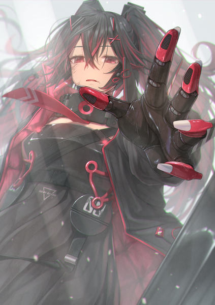 Anime picture 1817x2577 with punishing: gray raven alpha (punishing: gray raven) greenkohgen single long hair tall image looking at viewer fringe highres open mouth black hair hair between eyes red eyes twintails lying multicolored hair fingernails open jacket two-tone hair on back