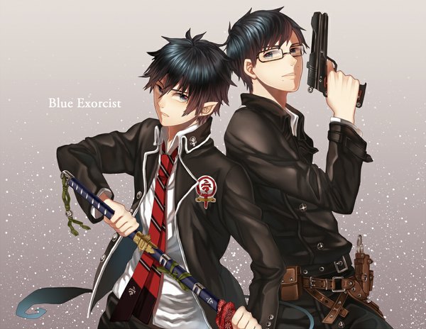 Anime picture 1000x774 with ao no exorcist a-1 pictures okumura rin okumura yukio conoco looking at viewer short hair blue eyes black hair simple background tail pointy ears inscription grey background multiple boys twins ready to draw boy uniform weapon