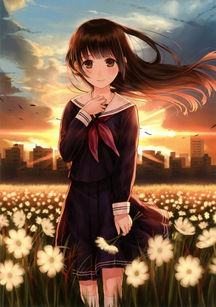 Anime picture 2125x3021 with original kazuharu kina single long hair tall image highres black hair smile brown eyes sky cloud (clouds) city evening sunset field girl flower (flowers) serafuku