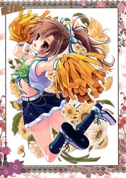 Anime picture 2478x3500 with prismatic world (artbook) shiramori yuse single long hair tall image blush highres open mouth light erotic brown hair purple eyes ponytail looking back scan cheerleader girl skirt flower (flowers) bow hair bow