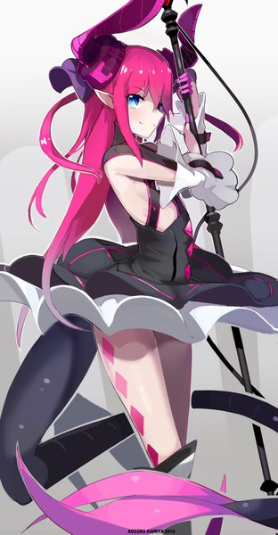Anime picture 1900x3650 with fate (series) fate/extra fate/extra ccc elizabeth bathory (fate) (all) elizabeth bathory (fate) aosora kamiya single long hair tall image looking at viewer fringe highres blue eyes light erotic simple background smile hair between eyes signed pink hair tail