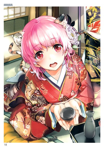 Anime picture 2120x3040 with comic toranoana souji hougu single tall image looking at viewer blush highres open mouth red eyes animal ears pink hair indoors tail traditional clothes japanese clothes animal tail from below floral print border tiger ears